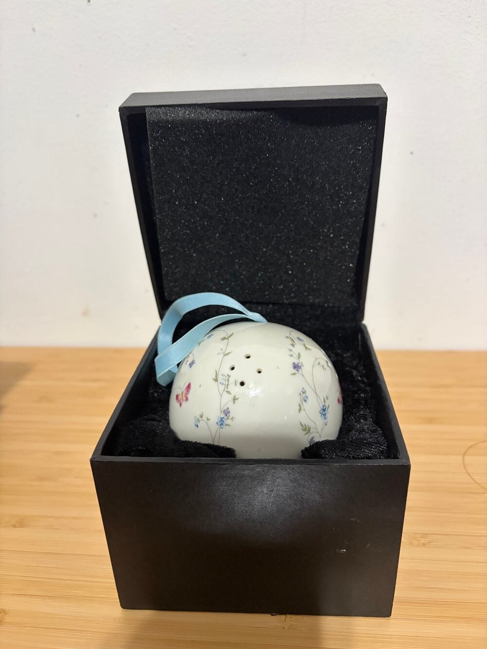 Vintage Made in Japan Porcelain Floral Butterfly Pomander Ornament Blue Ribbon